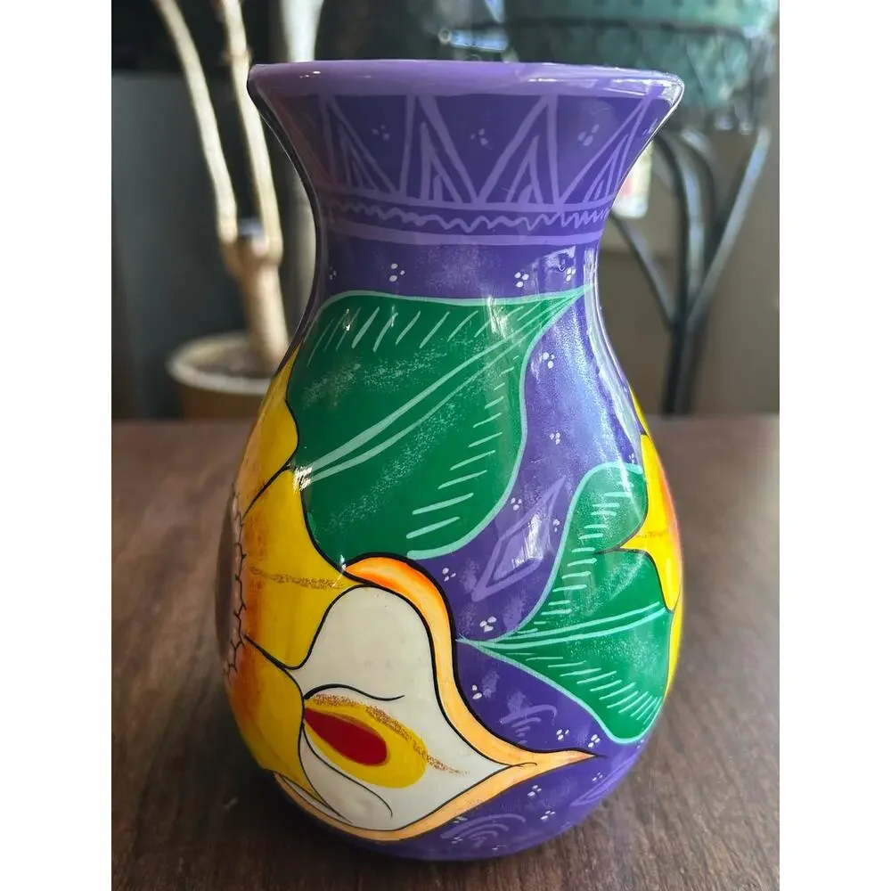 Mexican folk art pottery vase floral terra-cotta 7”